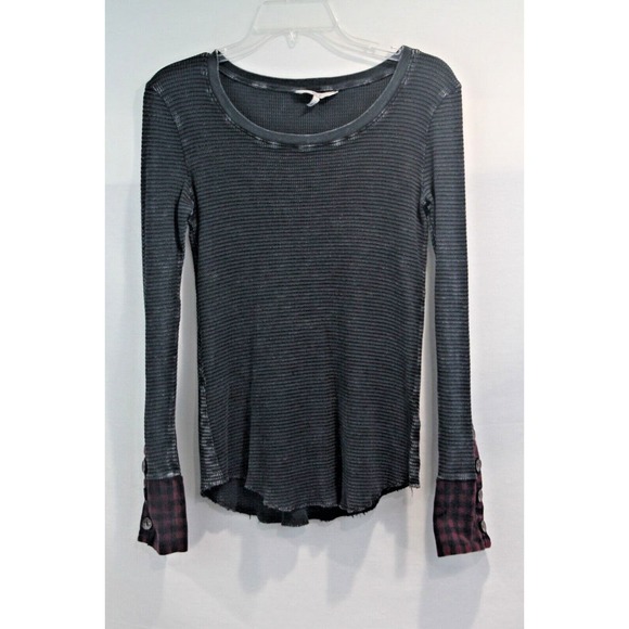 Buckle Tops - BKE Thermal Top Womens size S Black Distress Boat Neck Plaid Button Long Sleeve